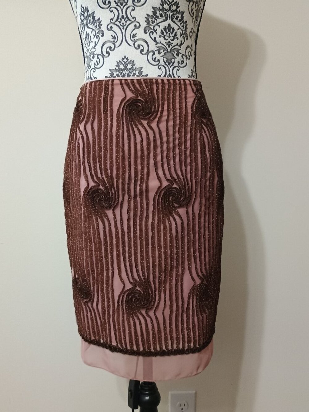 Kay Unger Swirl Textured Chiffon Skirt Sz.12 Blush & Brown